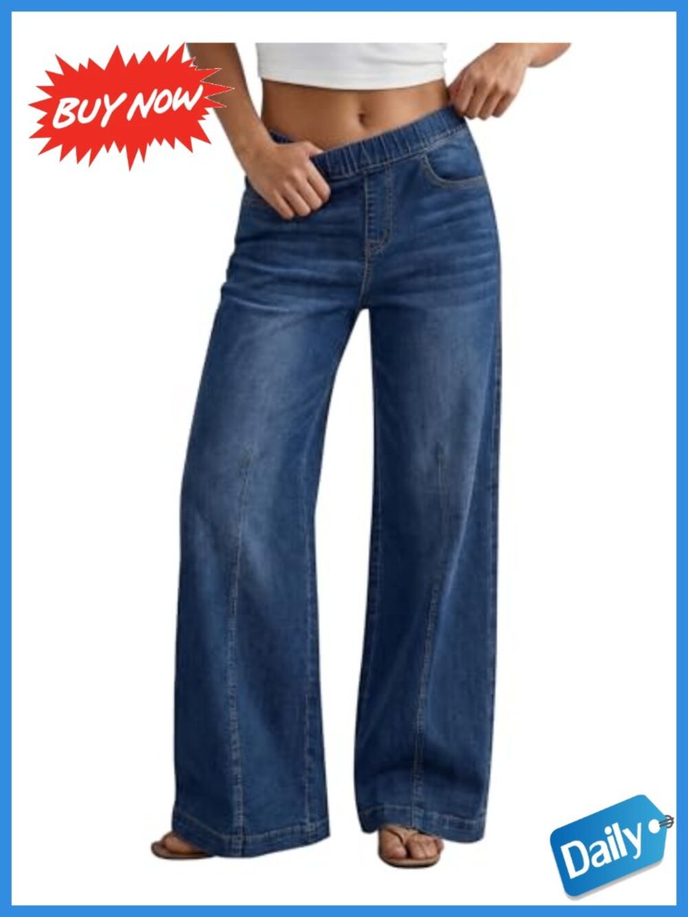 Wide Leg High Rise Pull On Elastic Waist Denim Jeans